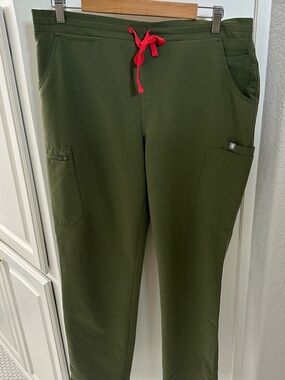 Figs Olive Green Jogger Scrub Pants with Red Drawstring
